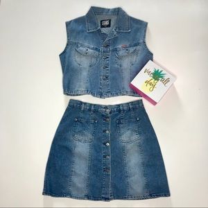 Denim Blue Distressed Outfit Set Vest Skirt L XL